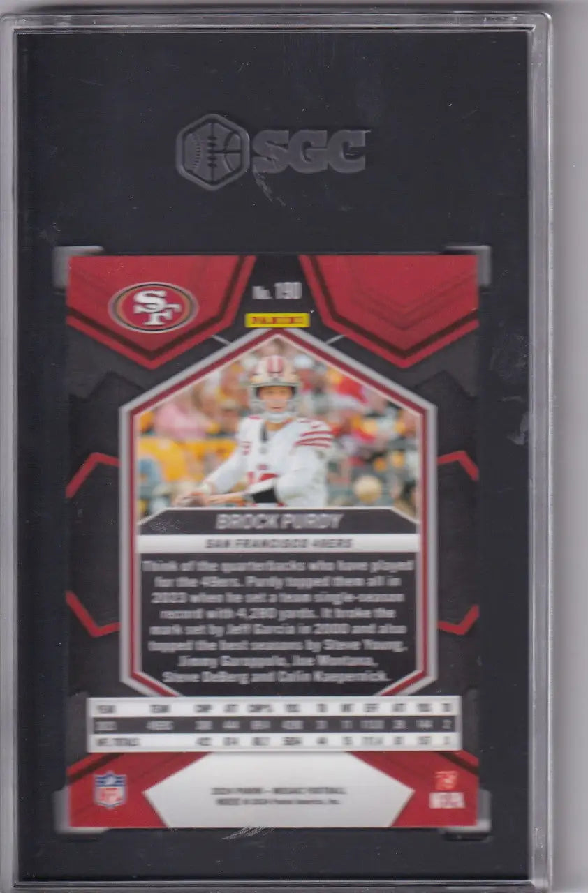 Graded Brock Purdy SGC football card from Panini Mosaic featuring San Francisco 49ers