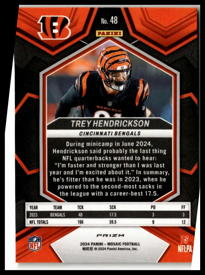 Back of 2024 Panini Mosaic Trey Hendrickson Mosaic Reactive Yellow card with stats and bio