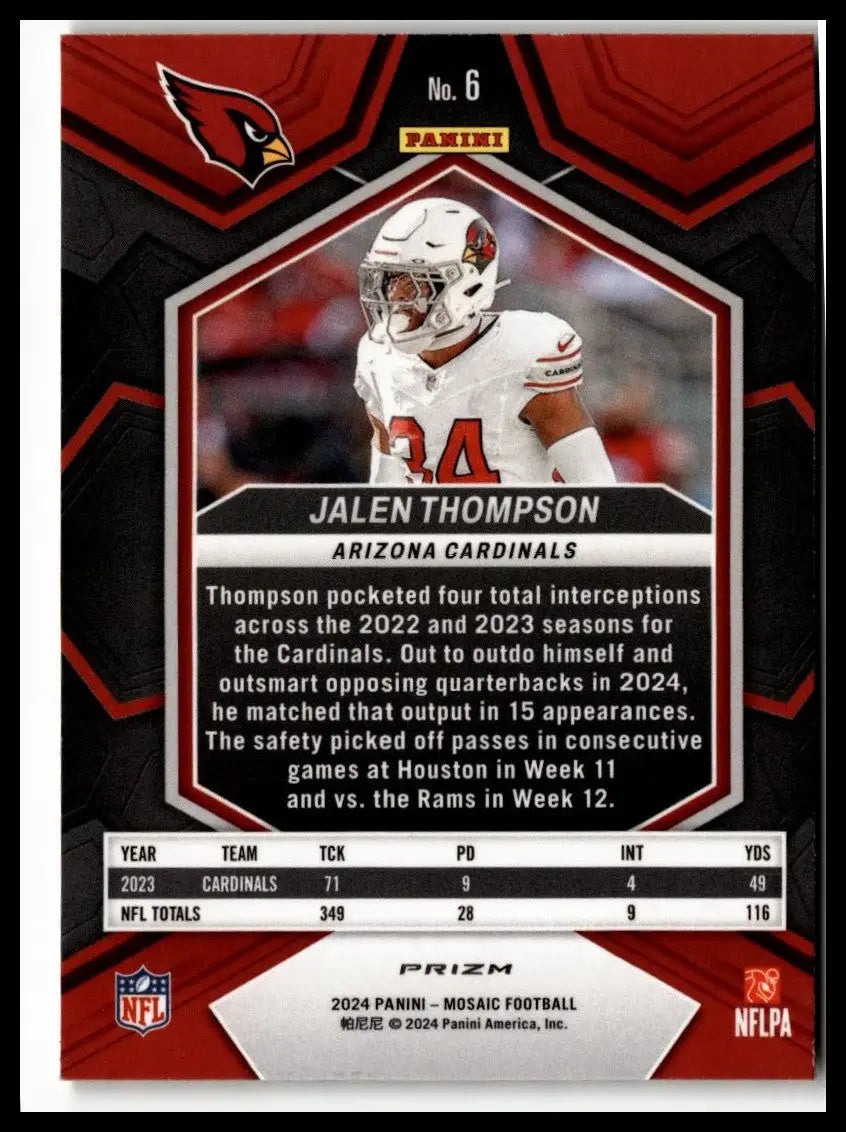 Jalen Thompson football card from 2024 Panini Mosaic with Thompson Mosaic Reactive Yellow design