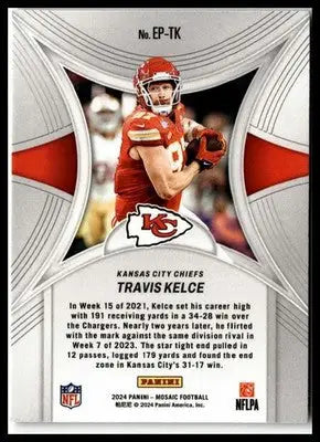 Travis Kelce football card from 2024 Panini Mosaic Kelce Epic Performers series