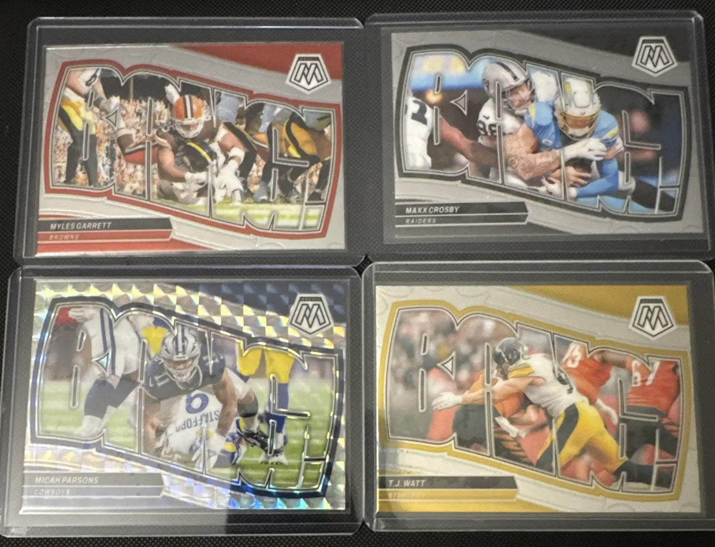 Four Football Trading Cards from the 2024 Panini Mosaic Football Bang Complete Set