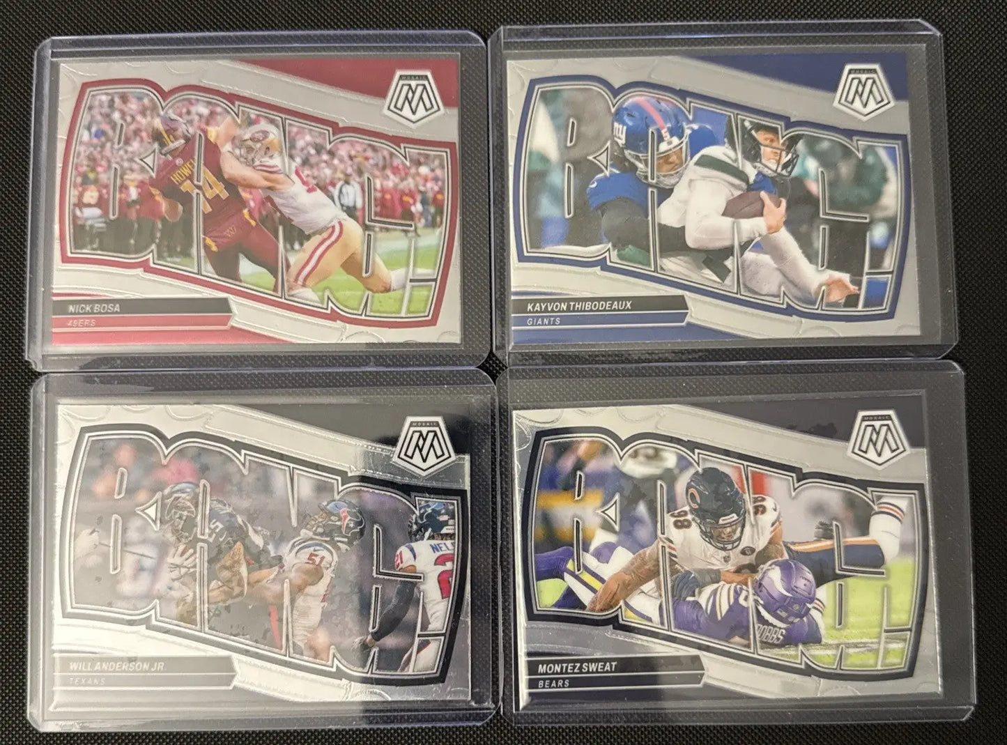Four Panini Mosaic Football trading cards from the complete set featuring Parsons Prizm