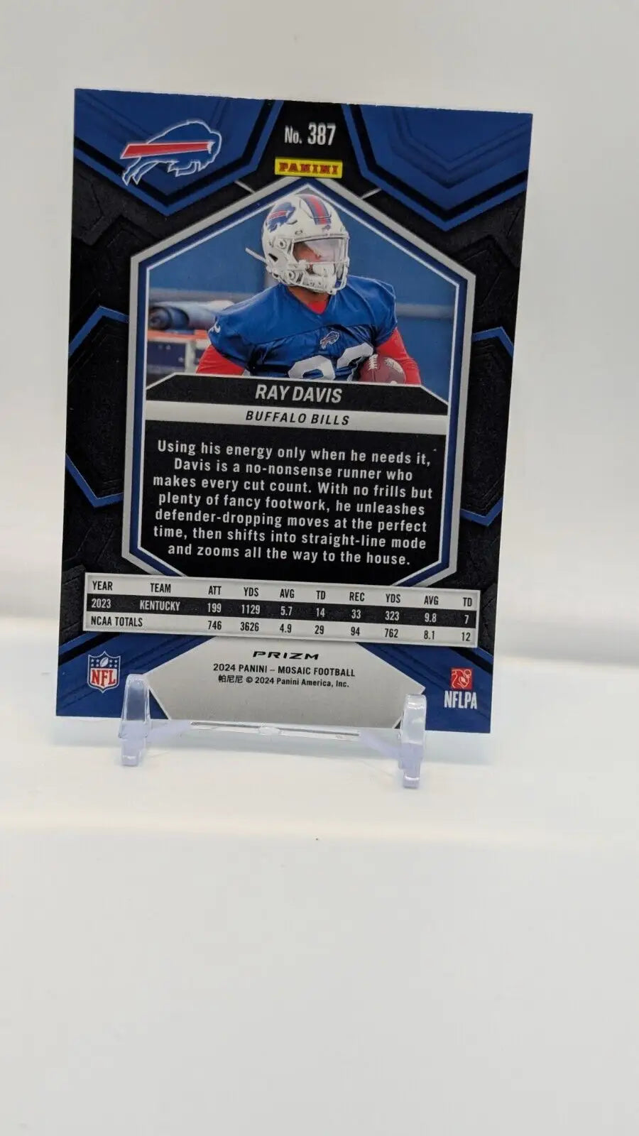 Ray Davis football card from 2024 Panini Mosaic, Buffalo Bills Rookie Silver Prizm