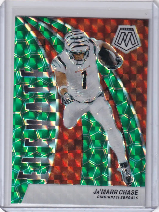 Football trading card of Ja’Marr Chase in Bengals uniform from Panini Mosaic Green Elevate series
