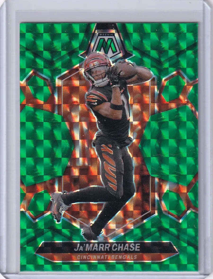 Ja’Marr Chase Cincinnati Bengals trading card from 2024 Panini Mosaic Prizm Green Reactive series