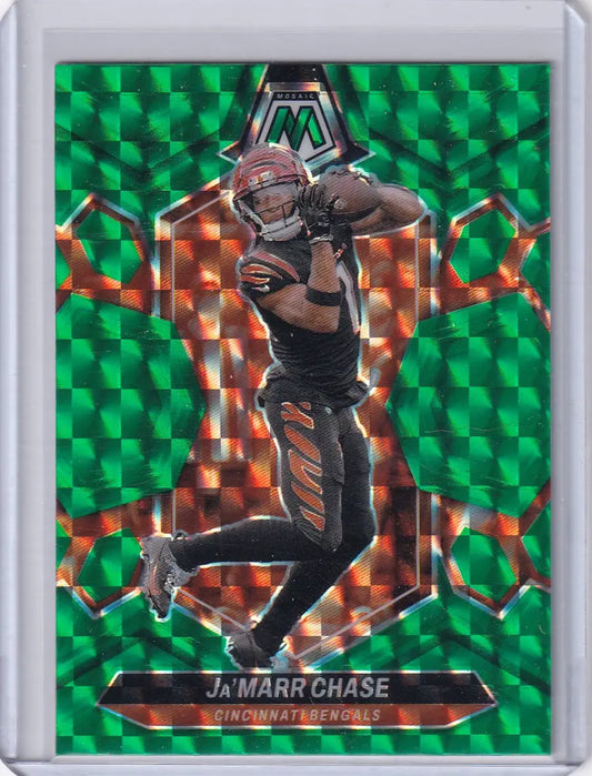 Ja’Marr Chase Cincinnati Bengals trading card from 2024 Panini Mosaic Prizm Green Reactive series
