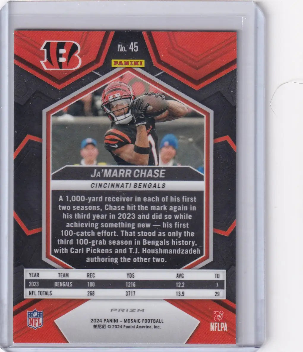 Football trading card featuring Ja’Marr Chase from Panini Mosaic Prizm Green Reactive series