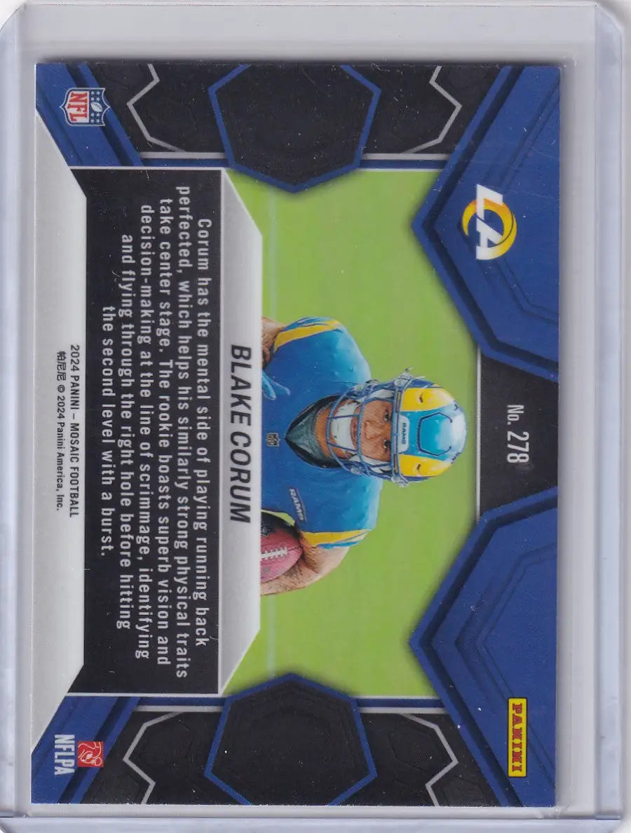 Football trading card of Blake Corum from 2024 Panini Mosiac NFL Debut Los Angeles Rams