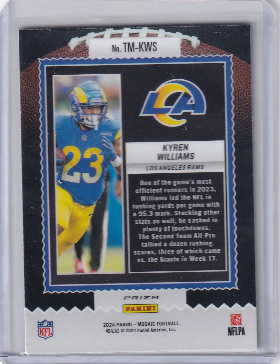 Football trading card of Kyren Williams from 2024 Panini Mosiac Prizm TD Masters Los Angeles Rams