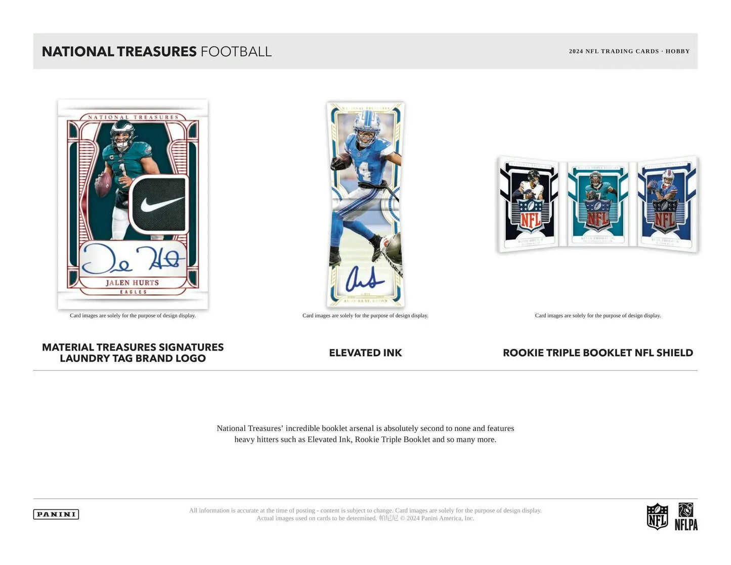 Promotional flyer with NFL shield, rookie patch autographs, and NFL shield booklets for 2024 Panini National Treasures Football Hobby Box