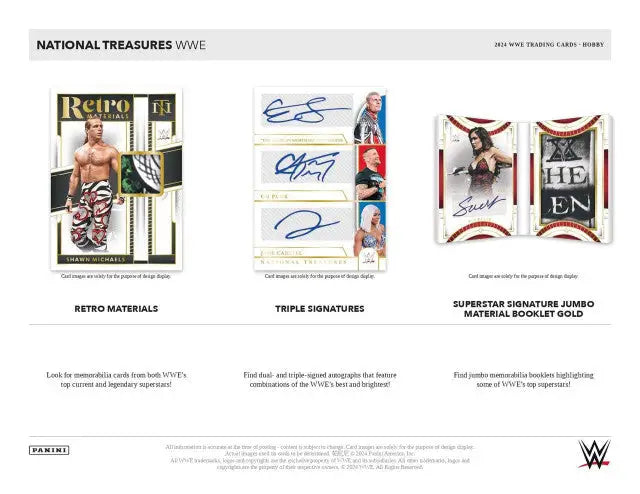 WWE trading cards from Panini National Treasures 2024 Hobby Box featuring memorabilia cards