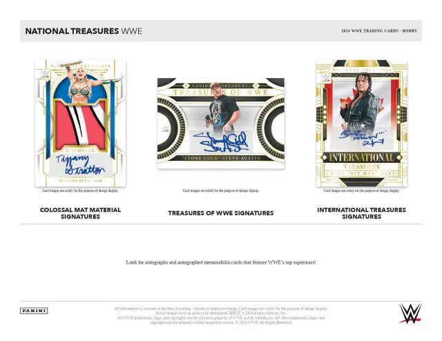 Three WWE trading cards from Panini National Treasures within the 2024 Hobby Box
