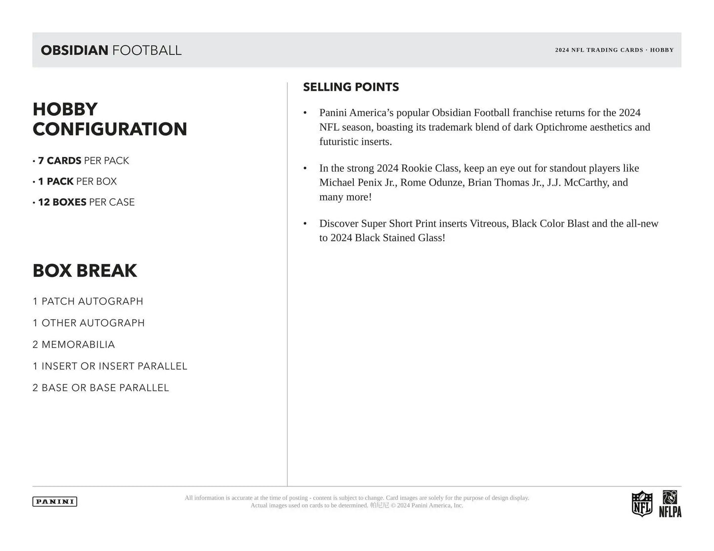 Obsidian Football hobby box featuring 2024 Panini Obsidian Football product details