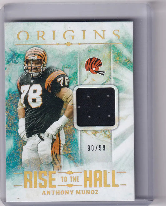 Football trading card featuring Anthony Munoz Hall Relic and game-worn swatch 90/99