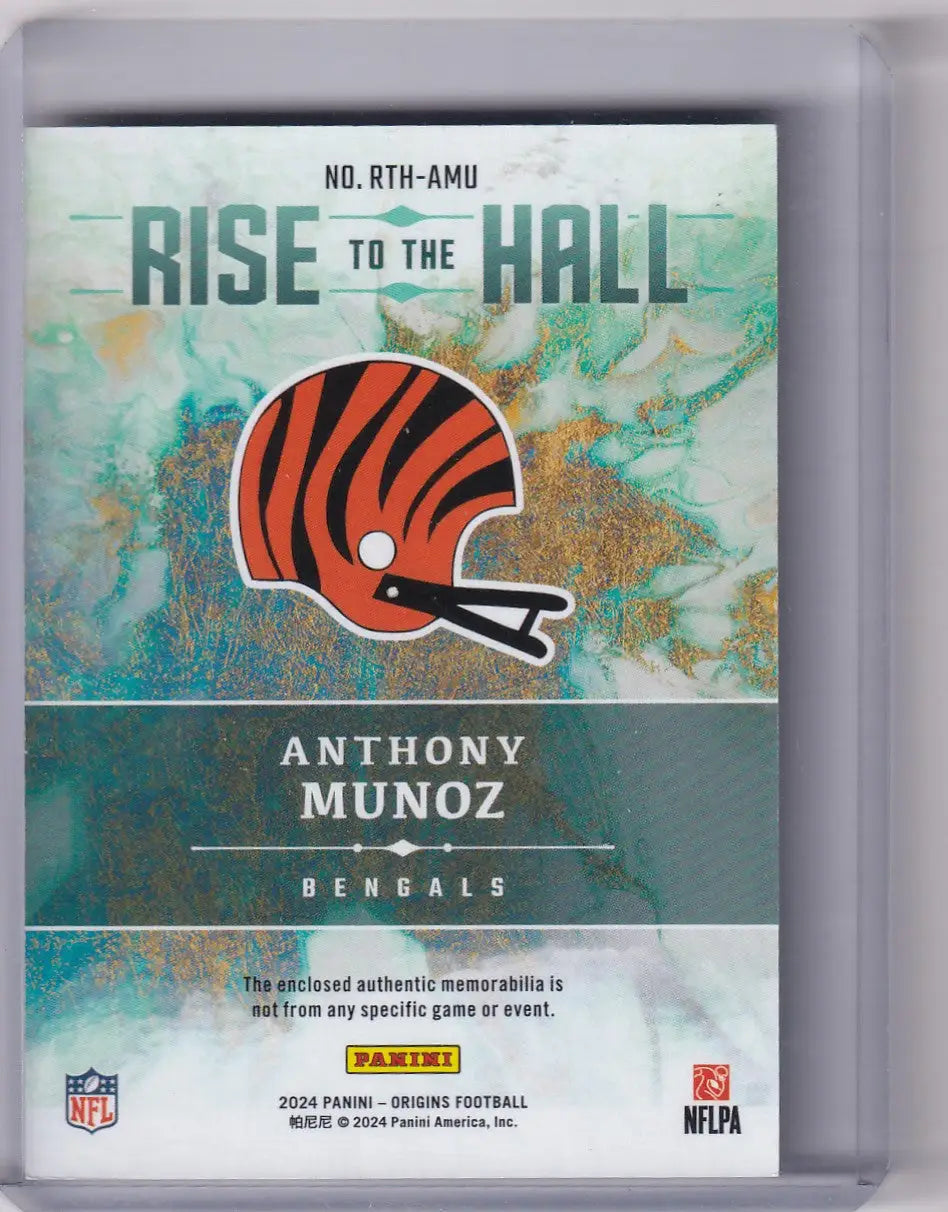 Football trading card featuring Anthony Munoz Hall Relic and Bengals helmet from Panini Origins Rise