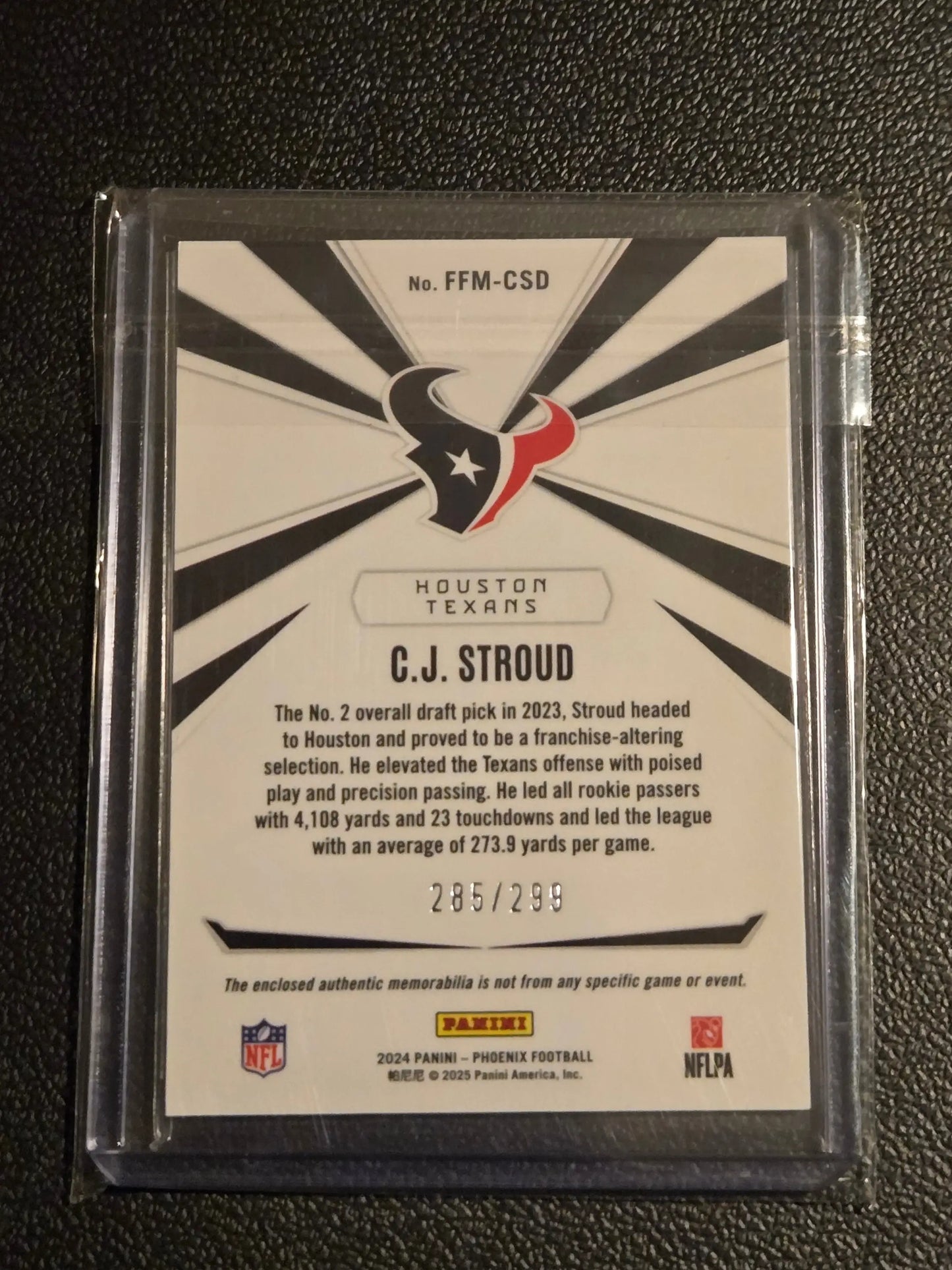 C J Stroud football trading card 2024 Panini Phoenix franchise future material