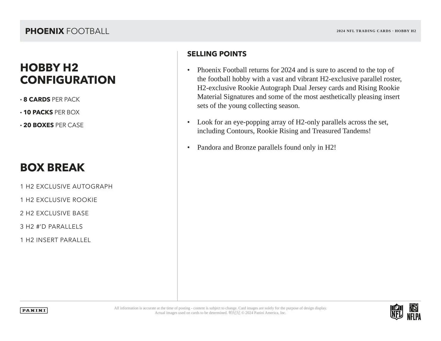 Phoenix Football Hobby H2 configuration showing two base cards in the 2024 Panini Phoenix Football box