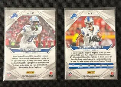 Two football trading cards featuring Terrion Arnold Pandora and Amon-Ra Laser Parallels