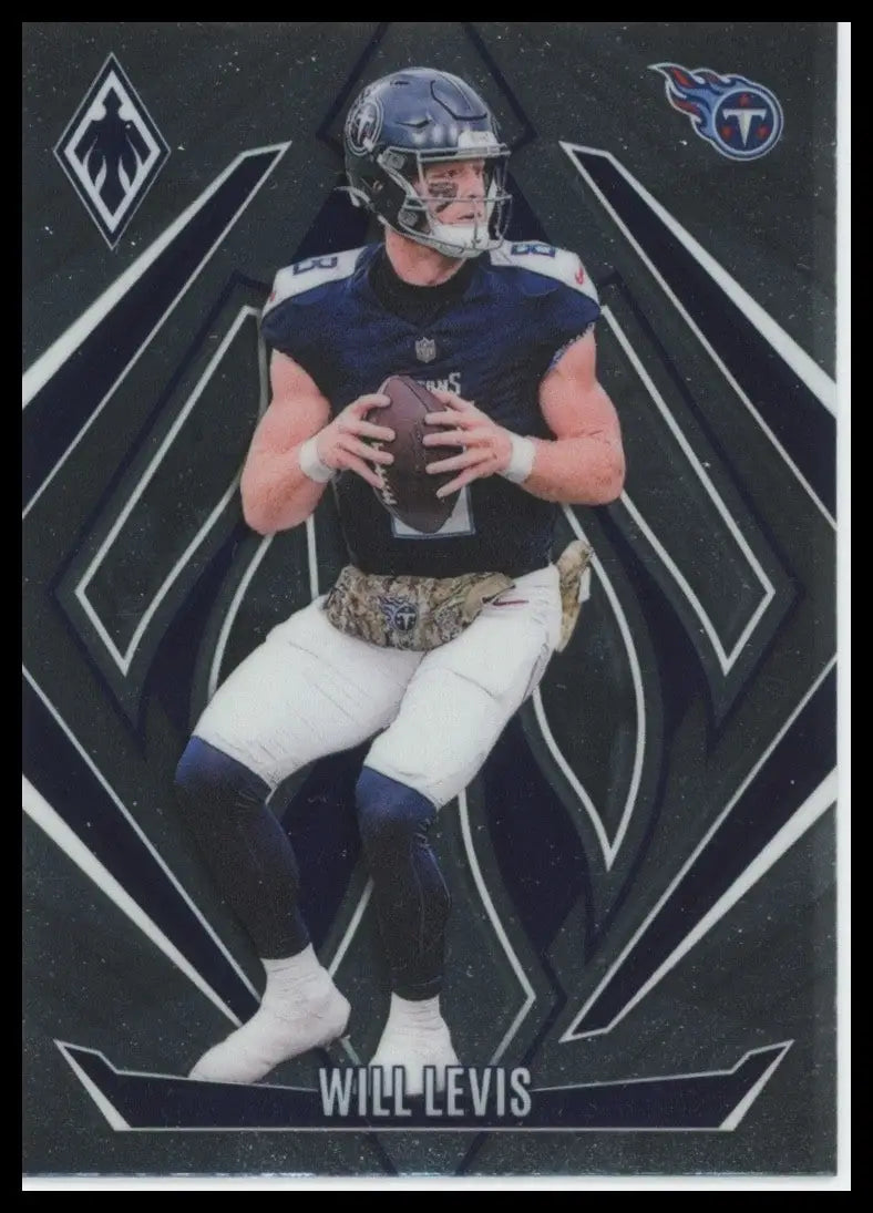 Modern football card featuring Will Levis in Tennessee Titans uniform holding a football