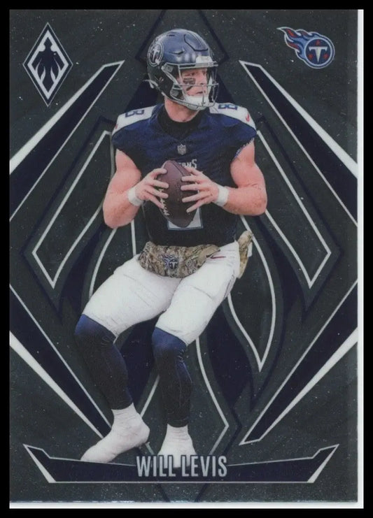 Modern football card featuring Will Levis in Tennessee Titans uniform holding a football