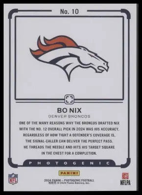 Collectible football card featuring Denver Broncos logo and Bo Nix from Panini Photogenic Nix Draft Snapshots