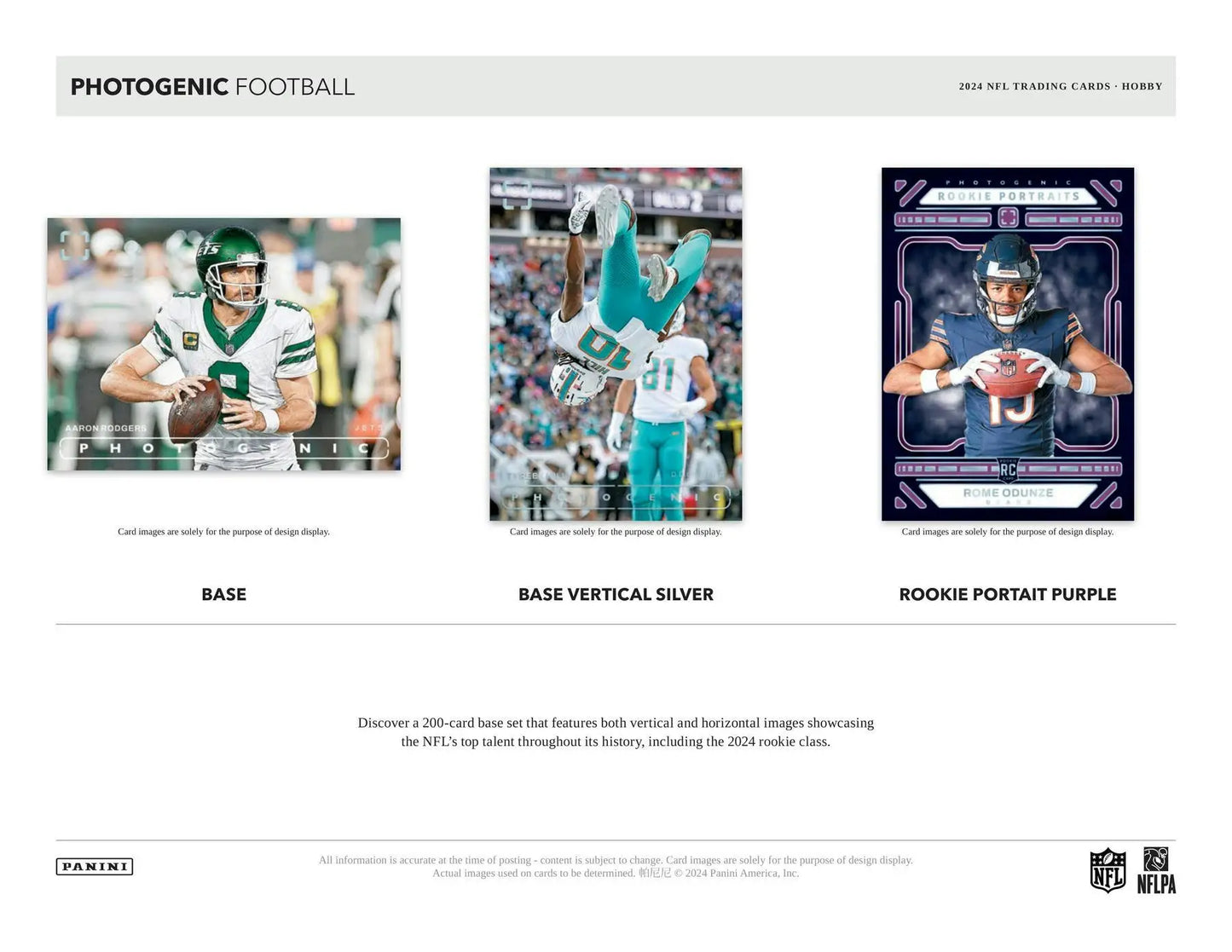 Football trading cards from 2024 Panini Photogenic Hobby Box with 200-card base set