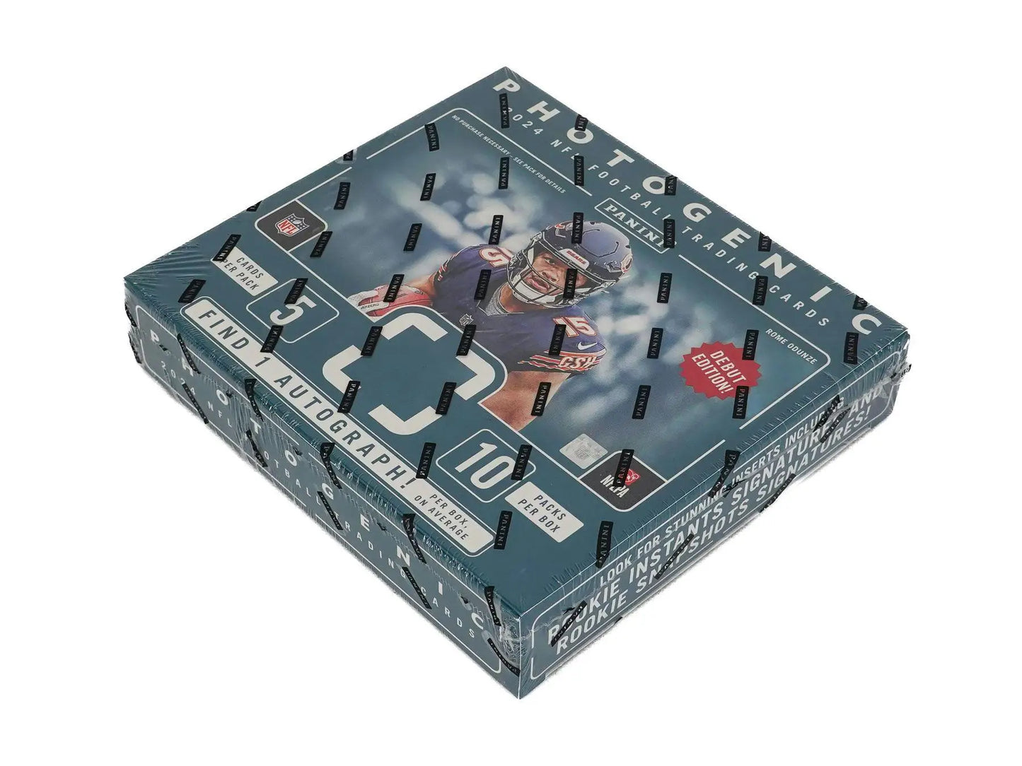 Sealed 2024 Panini Photogenic Football Hobby Box with 200-card base set and five rookies