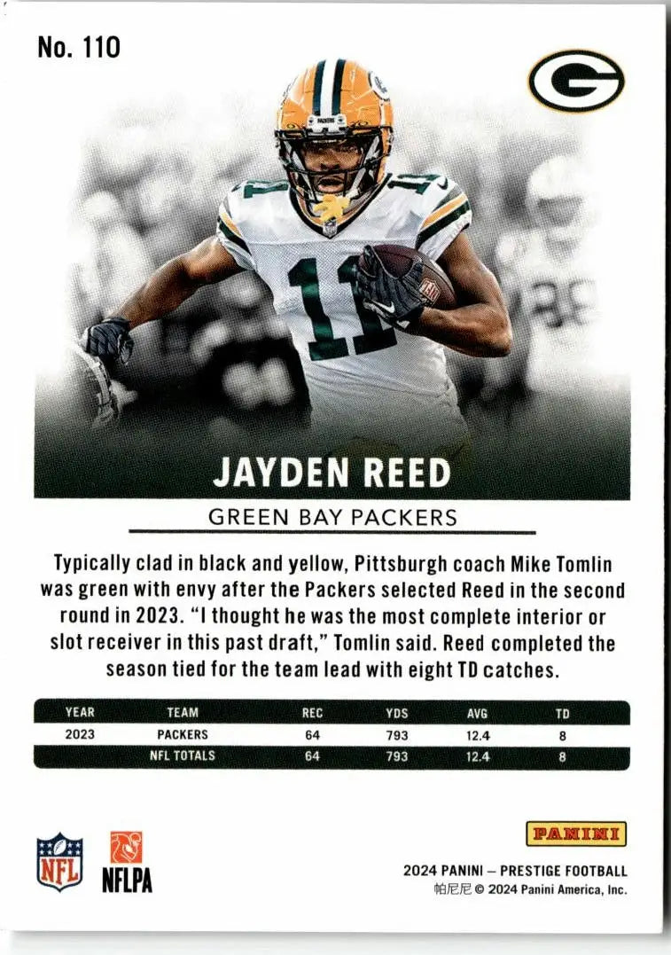 2024 Panini Prestige Jayden Reed football trading card featuring Green Bay Packers player