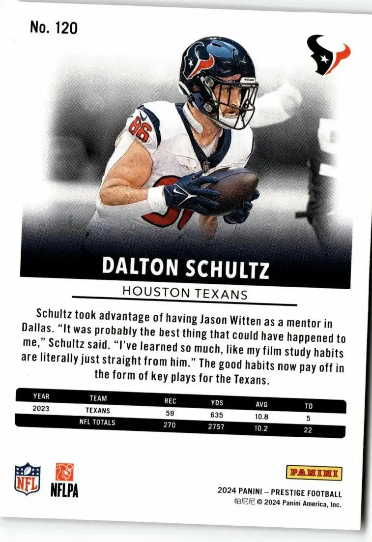 Collectible Dalton Schultz football trading card from Panini Prestige 2024 series