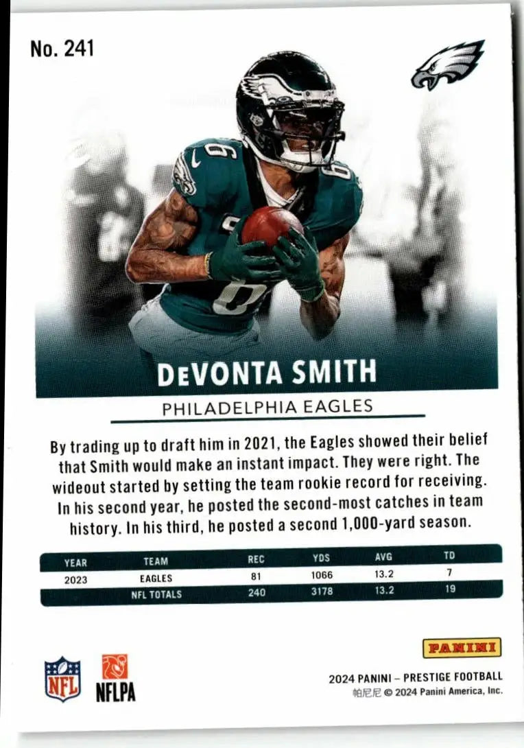 2024 Panini Prestige football trading card featuring Devonta Smith of the Philadelphia Eagles