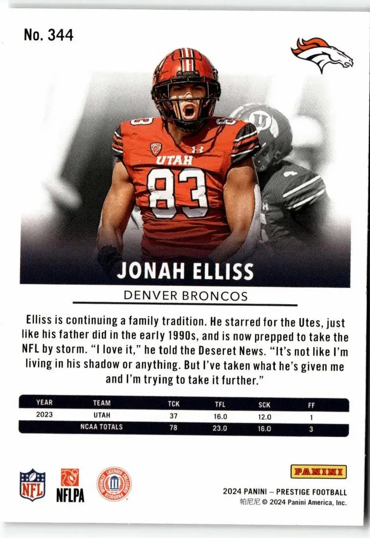 Football trading card featuring Jonah Elliss of the Denver Broncos from Panini Prestige 2024