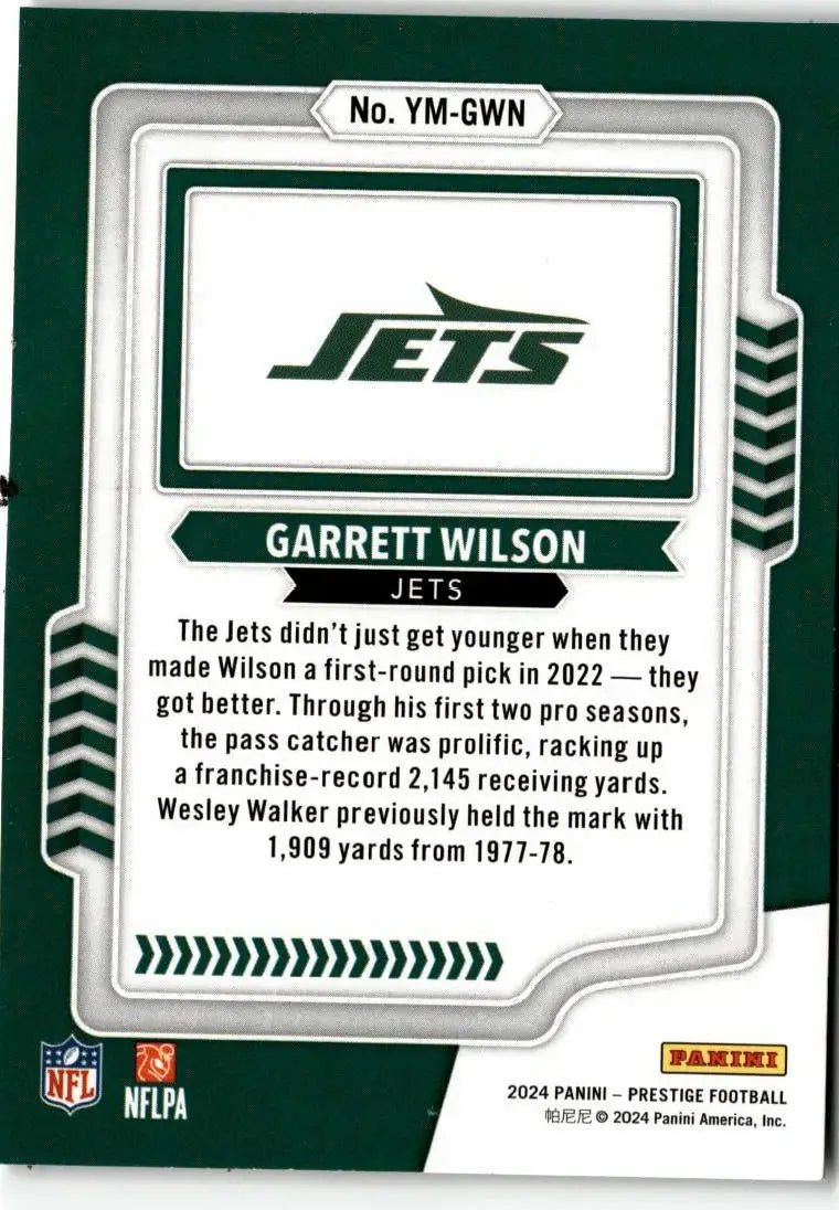 Back of a Garrett Wilson New York Jets football card from 2024 Panini Prestige Wilson Youth Movement series
