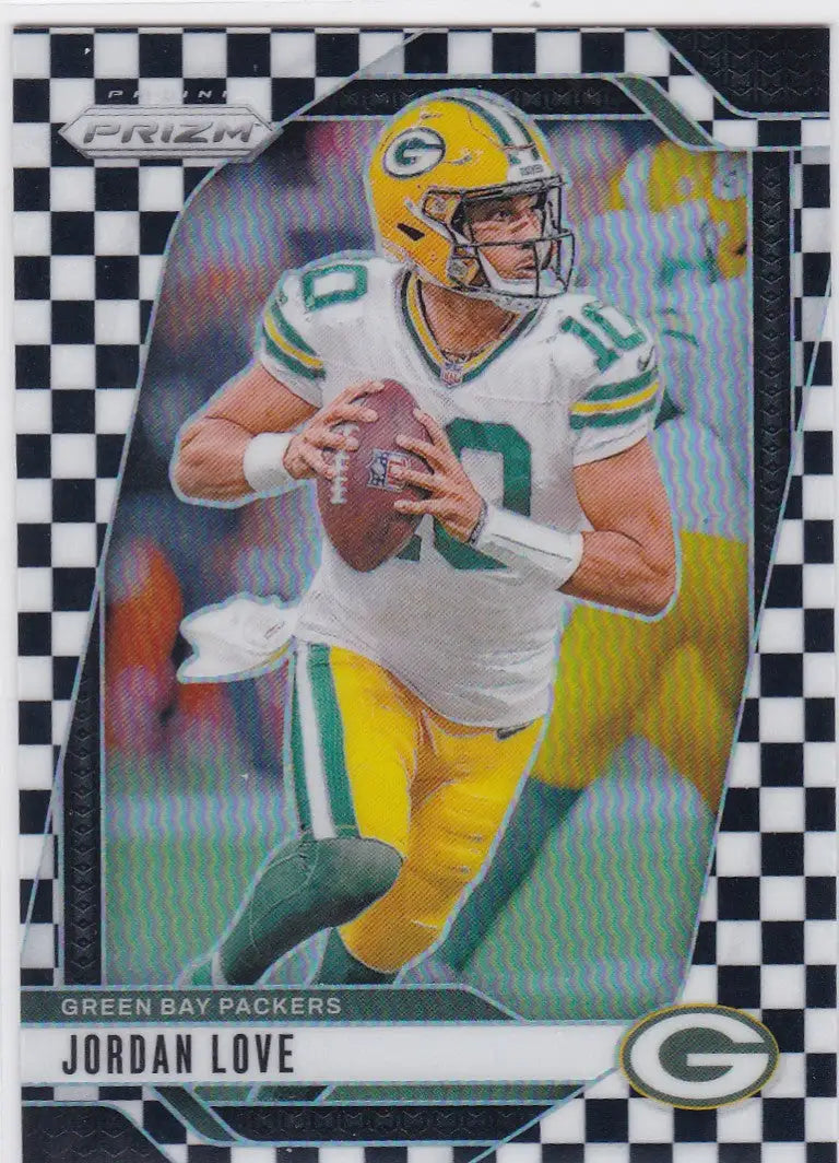 Jordan Love Black & White Checkerboard Parallel football card from 2024 Panini Prizm Packers