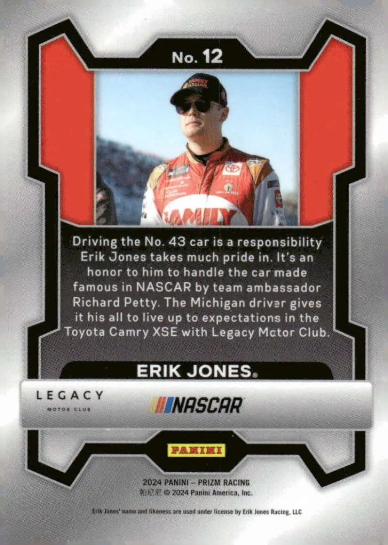Erik Jones NASCAR trading card from 2024 Panini Prizm Legacy Motor Club series