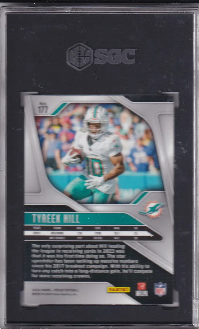 Graded Tyreek Hill SGC football card from Panini Prizm 2024 Miami Dolphins