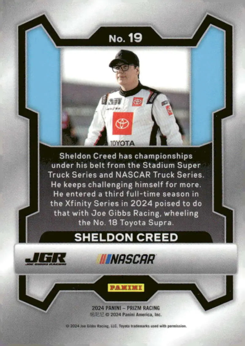 Sheldon Creed NASCAR trading card featuring Joe Gibbs Racing and Jaclyn Foundation logos