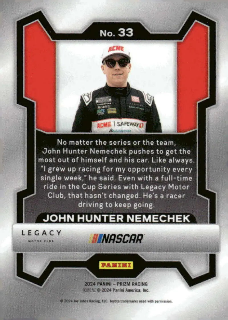 2024 Panini Prizm John Hunter Nemechek NASCAR trading card featuring Safeway and Toyota Racing