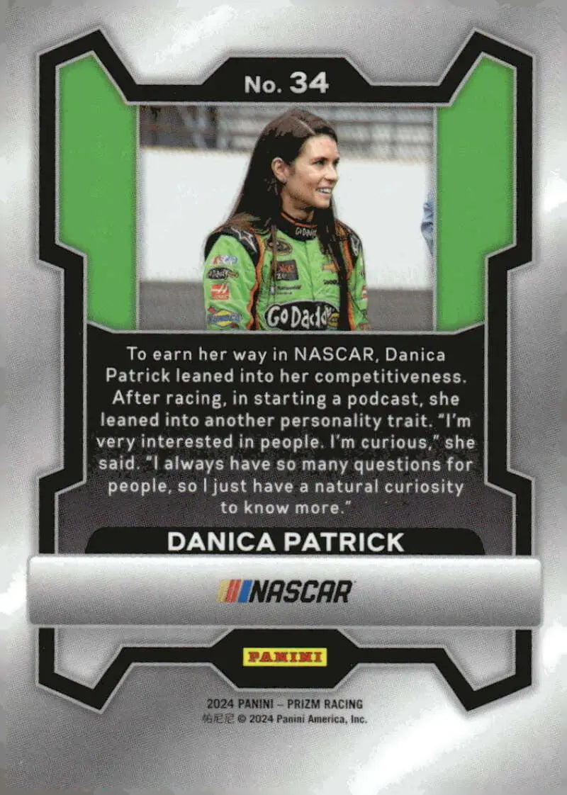 Danica Patrick NASCAR racing card from 2024 Panini Prizm collection featuring GoDaddy.com sponsorship