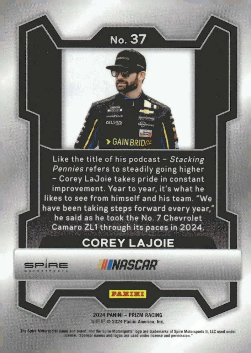 Corey LaJoie NASCAR trading card from 2024 Panini Prizm featuring Spire Motorsports Chevrolet Racing