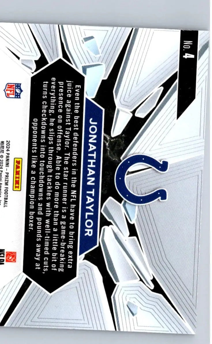 Back of a Jonathan Taylor football trading card from 2024 Panini Prizm Taylor Prizm Break