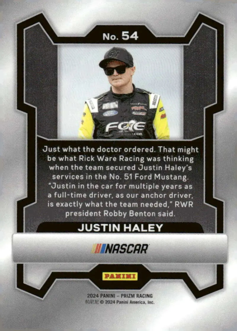 Justin Haley NASCAR trading card from 2024 Panini Prizm featuring Rick Ware Racing