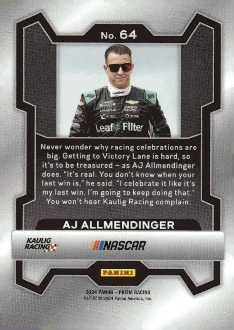 AJ Allmendinger NASCAR trading card from 2024 Panini Prizm Leaf Filter Kaulig Racing