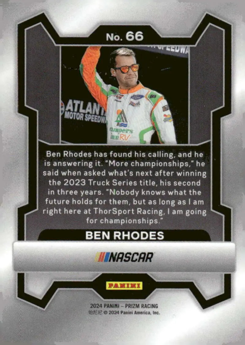 Ben Rhodes NASCAR trading card featuring Campers Inn and Thorsport Racing in 2024 Panini Prizm