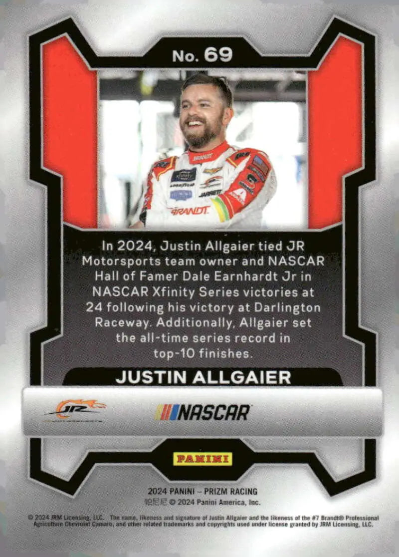 Justin Allgaier NASCAR trading card from 2024 Panini Prizm featuring Chevrolet Racing branding