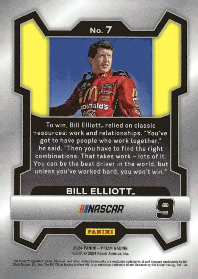 2024 Panini Prizm Bill Elliott NASCAR trading card featuring Ford Racing design