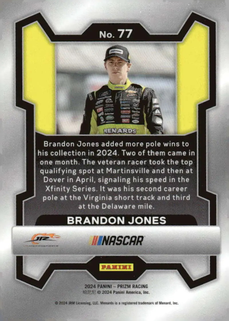 Brandon Jones NASCAR trading card from 2024 Panini Prizm Chevrolet Racing series
