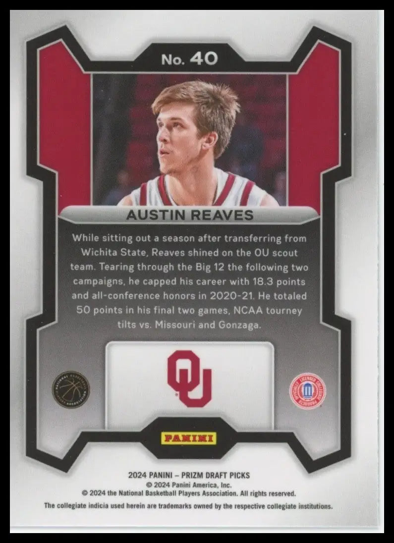 2024 Panini Prizm Draft Picks Austin Reaves #40 Oklahoma Sooners Basketball Card - Basketball Card