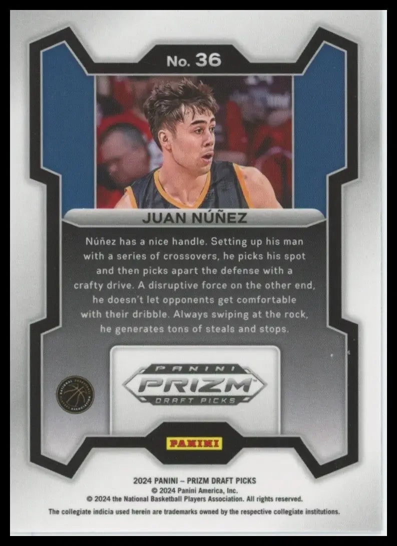 2024 Panini Prizm Draft Picks Juan Nunez #36 Rookie Basketball Card NCAA Sports - Basketball Card