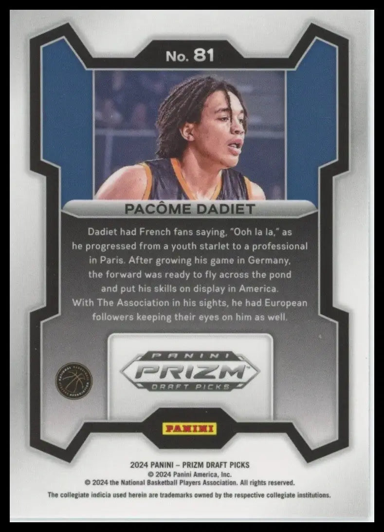 2024 Panini Prizm Draft Picks Pacome Dadiet #81 Rookie Basketball Card NCAA - Basketball Card