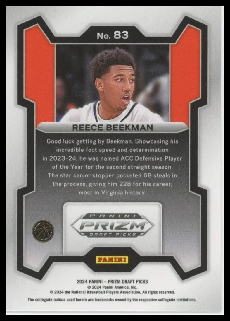 2024 Panini Prizm Draft Picks Reece Beekman #83 Rookie Basketball Card NCAA
